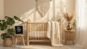 Aesthetic Pregnancy Announcement: Capturing Your Unique Journey with Style and Heart A boho-chic nursery bathed in golden hour light, featuring a rattan crib, macramé wall hangings, potted plants, and a letter board announcing "Baby Coming Soon," with expectant parents' hands holding tiny leather moccasins on a geometric rug.