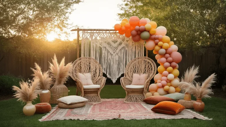 Boho Rainbow Birthday Party: A Whimsical Celebration of Soft Colors and Free-Spirited Style A dreamy backyard birthday celebration setup at golden hour featuring a muted rainbow color palette, macramé backdrop, organic balloon arch, rattan peacock chair, low picnic seating with Moroccan rugs and cushions, pampas grass arrangements, strung fairy lights, and a dessert table with a naked cake adorned with fresh flowers.