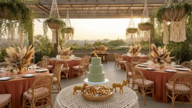 Boho Safari Birthday Party: A Whimsical Celebration of Earthy Elegance Photorealistic wide-angle shot of a luxurious rooftop terrace party setup at golden hour, featuring terracotta tablecloths, rattan chairs, brass animal figurines, and a sage green fondant cake, with a city skyline in the background.