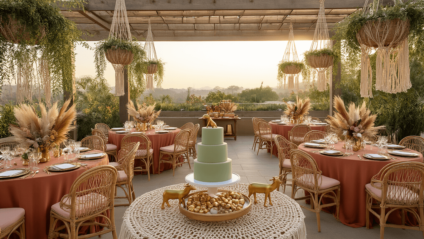 Photorealistic wide-angle shot of a luxurious rooftop terrace party setup at golden hour, featuring terracotta tablecloths, rattan chairs, brass animal figurines, and a sage green fondant cake, with a city skyline in the background.