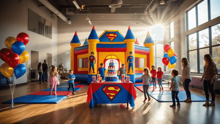 Ultimate Guide to Bounce House Birthday Parties: Creating Unforgettable Kids' Celebrations A vibrant indoor bounce house party featuring a colorful inflatable castle, laughing children in motion, a superhero-themed party table with a birthday cake, and parents socializing near refreshments, all illuminated by natural light.