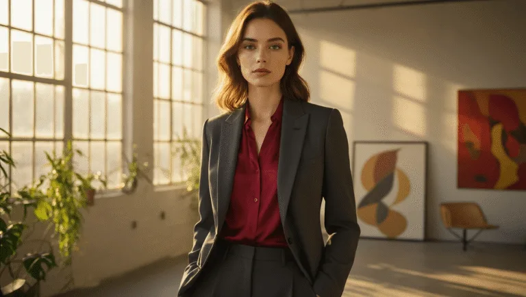 10 Stunning "Dress to Impress" Outfits That'll Turn Heads A professional woman in a charcoal grey power suit and silk crimson blouse stands in a sunlit minimalist loft, with golden light casting shadows and modern art in the background.