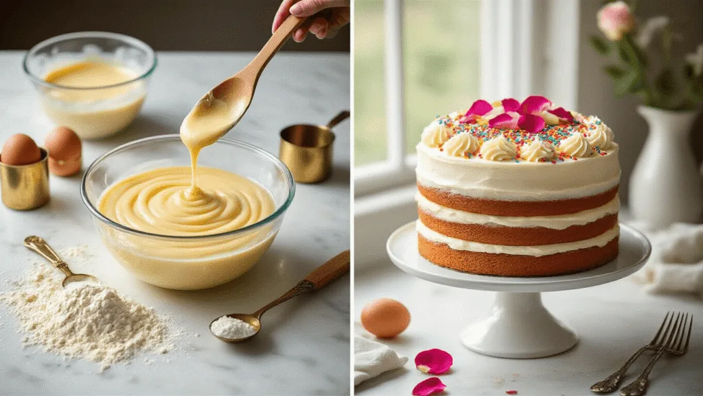 Simple Birthday Cake: The Ultimate Easy Homemade Celebration Treat A split-scene composition showcasing a baking preparation setup with flour, vintage measuring cups, glass bowl of vanilla batter, and fresh ingredients on the left, and a finished two-layer celebration cake with buttercream frosting, rainbow sprinkles, and rose petals on a pedestal on the right, illuminated by soft natural light.