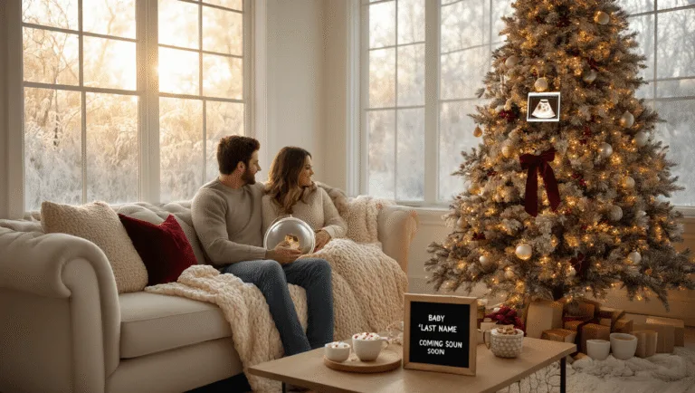A Magical Christmas Pregnancy Announcement: Your Ultimate Guide to Sharing Joyful News A cozy living room scene during golden hour featuring a couple on a cream-colored sofa wrapped in a knit blanket, facing a decorated Christmas tree with a glass ornament containing a sonogram photo. The atmosphere includes festive elements like a letterboard announcing a pregnancy, mugs of hot cocoa with marshmallows, and copper string lights, all in a warm color palette.