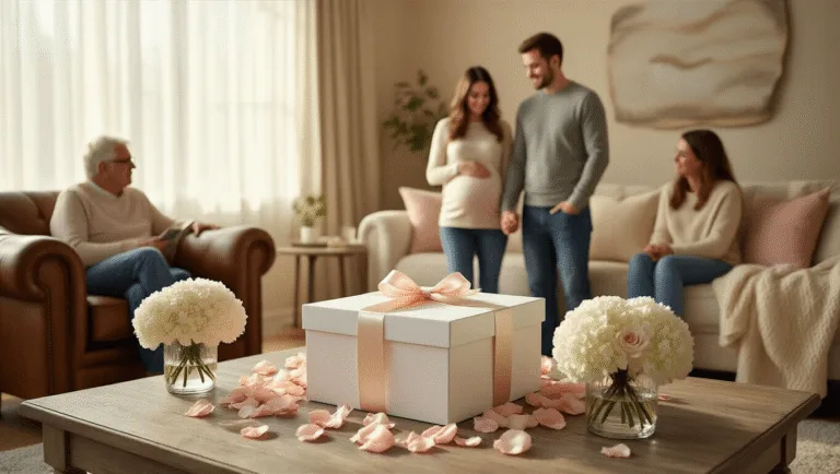 Pregnancy Announcement to Family: Unforgettable Reveal Ideas That Will Melt Hearts Photorealistic image of a cozy living room featuring a white gift box with satin ribbon on an oak coffee table, surrounded by pink rose petals and hydrangeas. A young couple holds hands near a leather armchair, while family members on cream sofas eagerly watch. The room is warmly lit with neutral tones and soft textures.