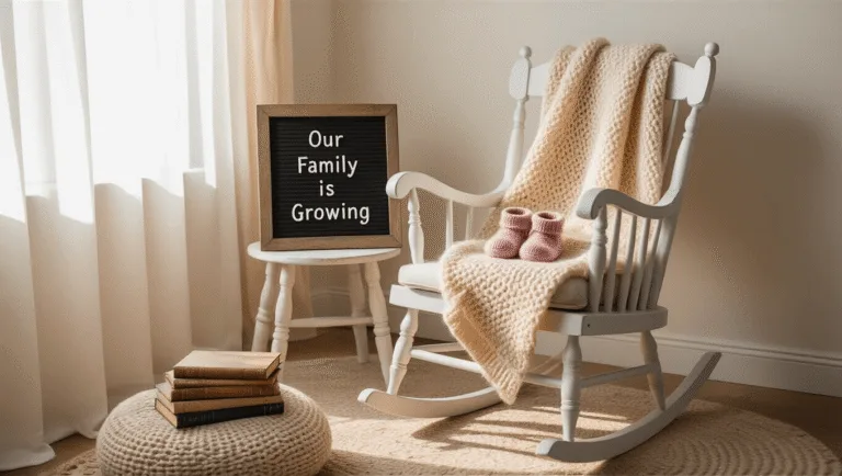 Pregnancy Announcement Ideas: Creative Ways to Share Your Exciting News Cozy nursery corner with soft morning light, featuring a vintage rocking chair, a letterboard reading "Our Family is Growing," a cable-knit blanket, classic children's books, baby booties, a handcrafted mobile, a plush rug, and a basket of stuffed animals against warm greige walls.