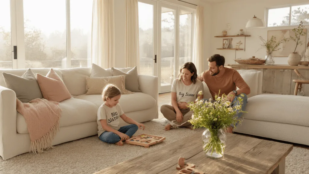 Capturing the Magic: Creative Second Pregnancy Announcements That Celebrate Your Growing Family A cozy modern living room during golden hour, featuring a child in a "Big Sister" t-shirt playing with a puzzle on a cream sofa, while parents in earth-toned outfits sit nearby. A rustic coffee table displays wildflowers, an ultrasound photo, and puzzle pieces, all bathed in warm natural light.
