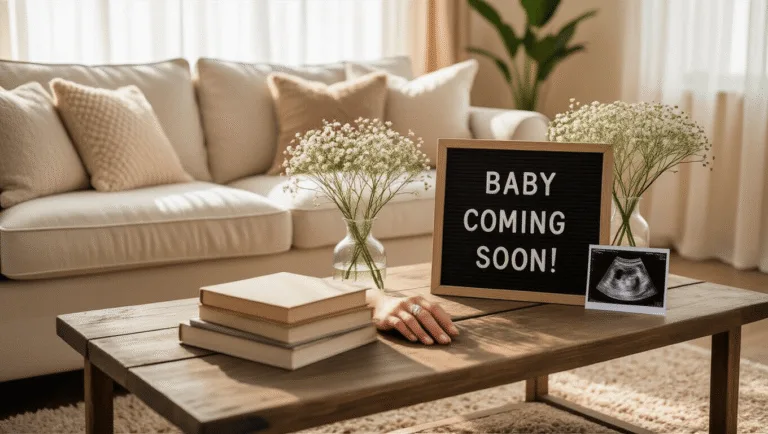 Simple Pregnancy Announcement Ideas: Share Your Big News with Ease A warmly lit living room scene featuring a cream linen sofa, a vintage letter board announcing "Baby Coming Soon!", a crystal vase with baby's breath flowers, and an ultrasound photo, all arranged on a rustic coffee table with parenting books, creating a cozy and intimate atmosphere.