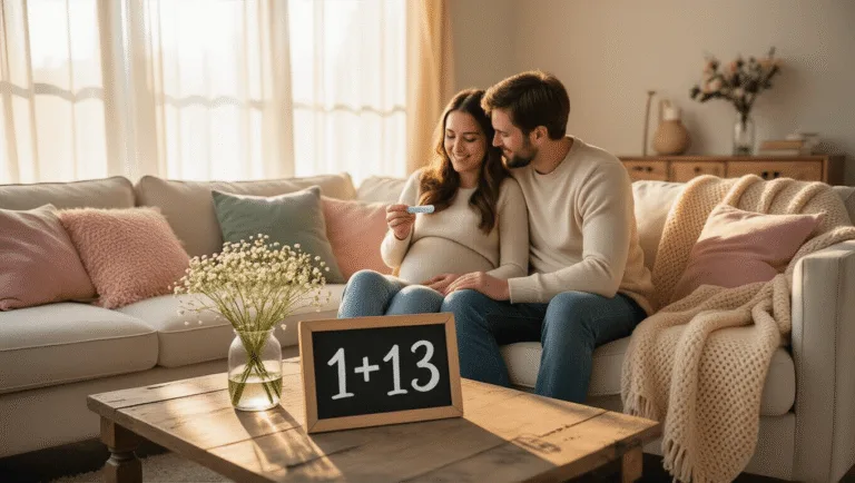 Pregnancy Announcement Ideas: Unique & Memorable Ways to Share Your Big News! A young couple sits on a cream-colored sofa in a sunlit living room, the woman holding a positive pregnancy test. A chalkboard reads "1+1=3" on a wooden coffee table, surrounded by fresh flowers and soft pillows, creating a warm, intimate atmosphere.