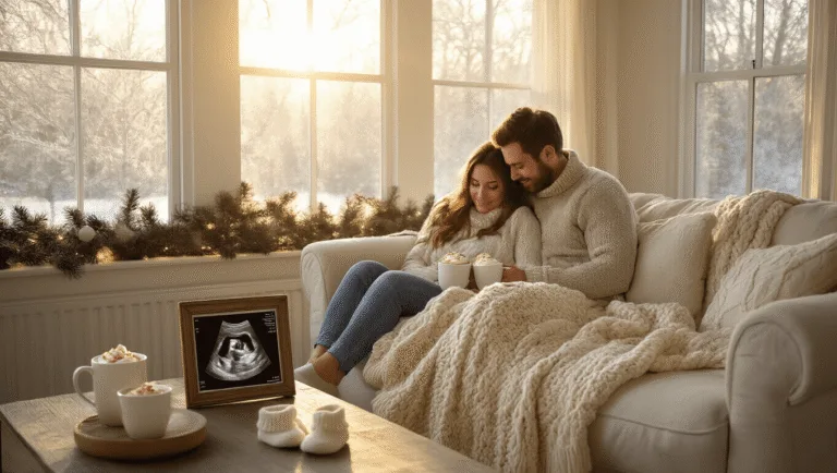 Winter Pregnancy Announcement: Your Ultimate Guide to a Magical Reveal A cozy winter pregnancy announcement scene in a sunlit living room, featuring an expectant couple snuggled on a cream-colored sofa with a chunky blanket, steaming mugs of hot chocolate, a sonogram photo, baby booties, and festive decor, all captured in a warm, inviting atmosphere.