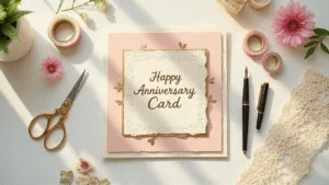 Handmade Anniversary Cards: A Heartfelt Guide to Creating Memorable Keepsakes A bright overhead view of a sunlit craft workspace featuring a handmade anniversary card with layered blush pink and ivory cardstock, surrounded by crafting supplies like brass-handled scissors, romantic washi tape, metallic gel pens, pressed flowers, and a delicate cup of tea, all on a clean white marble surface.