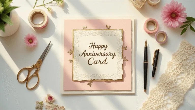 Handmade Anniversary Cards: A Heartfelt Guide to Creating Memorable Keepsakes A bright overhead view of a sunlit craft workspace featuring a handmade anniversary card with layered blush pink and ivory cardstock, surrounded by crafting supplies like brass-handled scissors, romantic washi tape, metallic gel pens, pressed flowers, and a delicate cup of tea, all on a clean white marble surface.