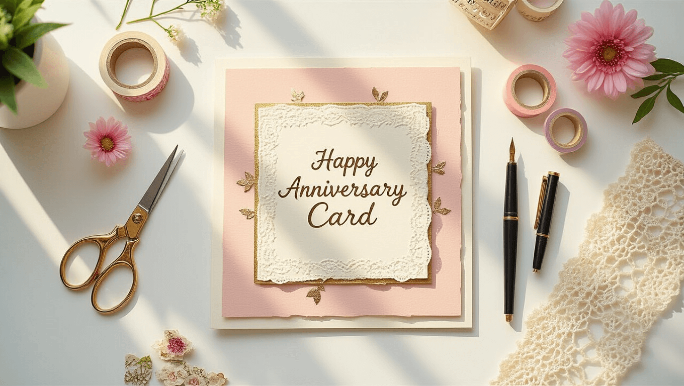 A bright overhead view of a sunlit craft workspace featuring a handmade anniversary card with layered blush pink and ivory cardstock, surrounded by crafting supplies like brass-handled scissors, romantic washi tape, metallic gel pens, pressed flowers, and a delicate cup of tea, all on a clean white marble surface.
