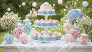 Delicious and Adorable Gender Reveal Party Food Ideas That Will Wow Your Guests A beautifully arranged dessert table for a gender reveal party, featuring a white tiered cake stand with pink and blue cupcakes, glass jars of macarons and chocolate-covered strawberries, and fresh flower arrangements, all set in a dreamy garden with soft lighting and decorative lanterns.