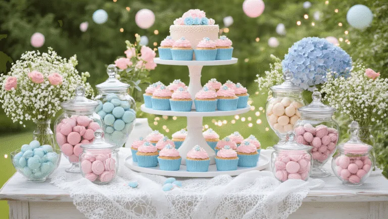 Delicious and Adorable Gender Reveal Party Food Ideas That Will Wow Your Guests A beautifully arranged dessert table for a gender reveal party, featuring a white tiered cake stand with pink and blue cupcakes, glass jars of macarons and chocolate-covered strawberries, and fresh flower arrangements, all set in a dreamy garden with soft lighting and decorative lanterns.