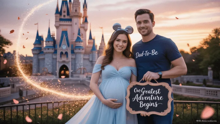 Magical Disney Pregnancy Announcement: A Complete Creative Guide A young couple stands in front of Cinderella's Castle at sunset, with the expectant mother in a pale blue maternity dress and subtle silver Mickey ears, holding a vintage chalkboard that reads "Our Greatest Adventure Begins," surrounded by rose gold confetti and magical sparkles.