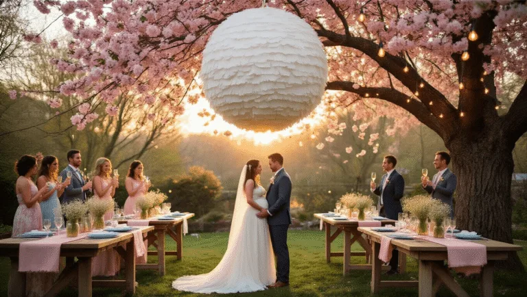 Ultimate Gender Reveal Games: Fun Ways to Amp Up the Excitement and Surprise! A dreamy backyard gender reveal party at golden hour, featuring a large white piñata from a cherry blossom tree, vintage farm tables with pink and blue decorations, elegantly dressed guests with champagne glasses, and a rustic dessert table with color-coordinated treats.
