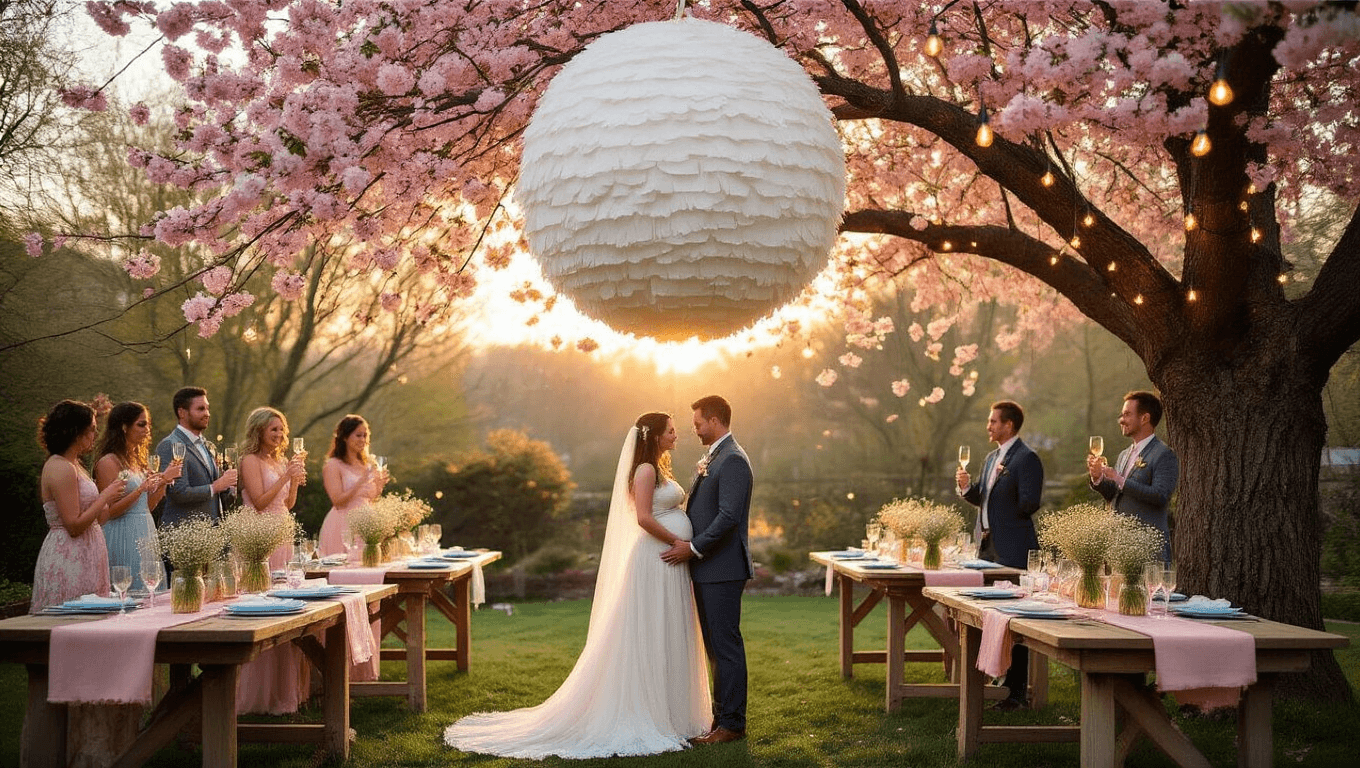 A dreamy backyard gender reveal party at golden hour, featuring a large white piñata from a cherry blossom tree, vintage farm tables with pink and blue decorations, elegantly dressed guests with champagne glasses, and a rustic dessert table with color-coordinated treats.