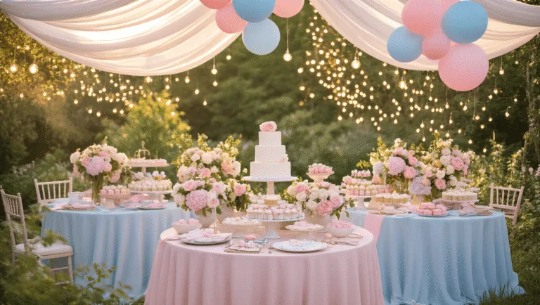 Ultimate Guide to Gender Reveal Invitations: Design, Delivery, and Delight A dreamy garden party setup with blush pink and powder blue silk linens, lush floral centerpieces, and an elegant dessert table featuring a 3-tier white cake, photographed during golden hour with warm lighting and a magical atmosphere.