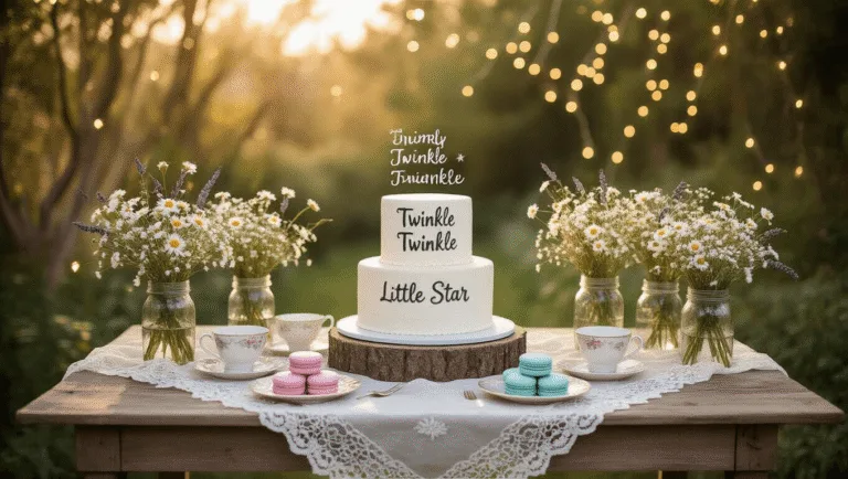 Ultimate Gender Reveal Party Guide: From Styling to Spectacular Reveals A whimsical garden setup for a gender reveal party featuring a rustic farmhouse table with a lace tablecloth, mason jars of flowers, pastel macarons, a two-tiered cake with "Twinkle Twinkle Little Star," fairy lights, and a chalkboard sign reading "Boy or Girl?" illuminated by golden hour sunlight.