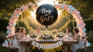 Unforgettable Baby Gender Reveal Party: Your Ultimate Guide to Magical Moments A dreamy gender reveal party in a garden at sunset, featuring a grand farmhouse table with blush and blue linens, a large black reveal balloon, twinkling fairy lights, and fresh flower centerpieces, all bathed in warm golden light.