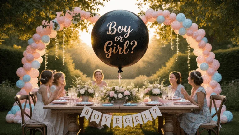 Unforgettable Baby Gender Reveal Party: Your Ultimate Guide to Magical Moments A dreamy gender reveal party in a garden at sunset, featuring a grand farmhouse table with blush and blue linens, a large black reveal balloon, twinkling fairy lights, and fresh flower centerpieces, all bathed in warm golden light.