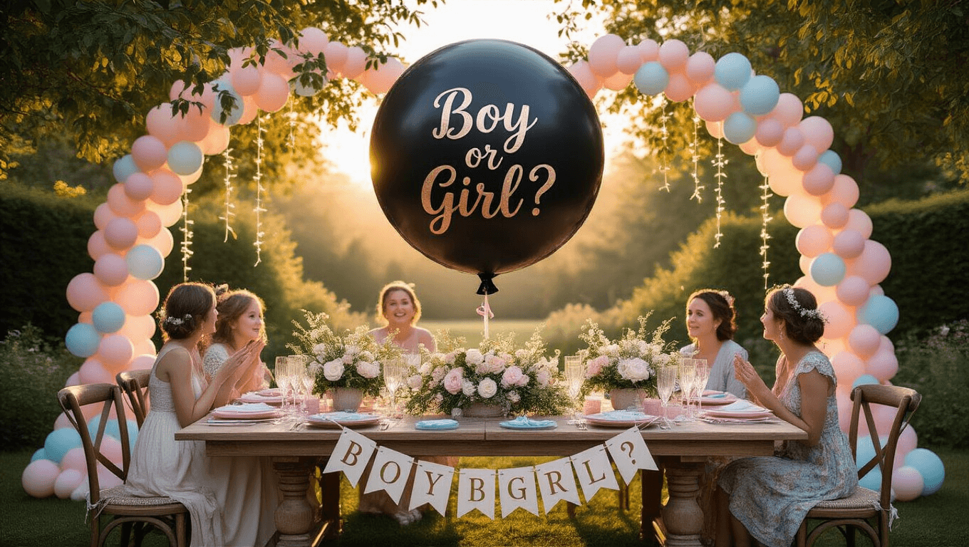 A dreamy gender reveal party in a garden at sunset, featuring a grand farmhouse table with blush and blue linens, a large black reveal balloon, twinkling fairy lights, and fresh flower centerpieces, all bathed in warm golden light.