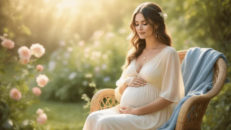 Gender Reveal Outfits: A Real Girl's Guide to Looking Amazing (Without Going Overboard) A dreamy portrait of an expectant mother in a flowing cream midi dress, seated in a vintage wicker chair amidst a sunlit garden, with soft pastel tones and dappled light creating an ethereal, romantic atmosphere.