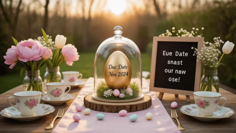 🐣 Easter Pregnancy Announcement: Cracking Open Your Exciting News! 🐰 A dreamy garden brunch setup featuring a vintage wooden table with a glass cloche holding a golden egg labeled "Due Date: Nov 2024," surrounded by spring flowers, teacups, mini pastel eggs, a letterboard that reads "Egg-specting!", and knitted baby booties, all softly illuminated by string lights and dappled sunlight.