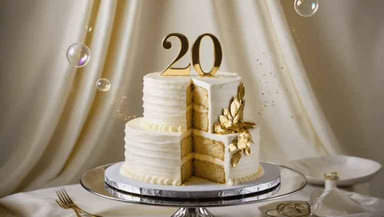 20th Birthday Cake: The Ultimate Celebration Centerpiece Two-tiered birthday cake with white buttercream frosting, gold "20" topper, and gold leaf accents, displayed on a silver stand with champagne bubbles in the background.