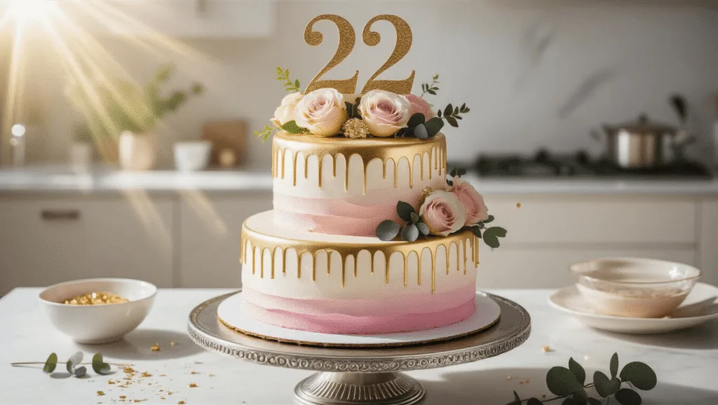 22nd Birthday Cake: The Ultimate Celebration Masterpiece A luxurious two-tiered birthday cake with pastel pink and white ombre frosting, golden drips, and a metallic "22" topper, elegantly displayed on a silver stand in a sunlit modern kitchen, surrounded by fresh flowers and baking tools.