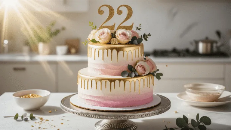 22nd Birthday Cake: The Ultimate Celebration Masterpiece A luxurious two-tiered birthday cake with pastel pink and white ombre frosting, golden drips, and a metallic "22" topper, elegantly displayed on a silver stand in a sunlit modern kitchen, surrounded by fresh flowers and baking tools.