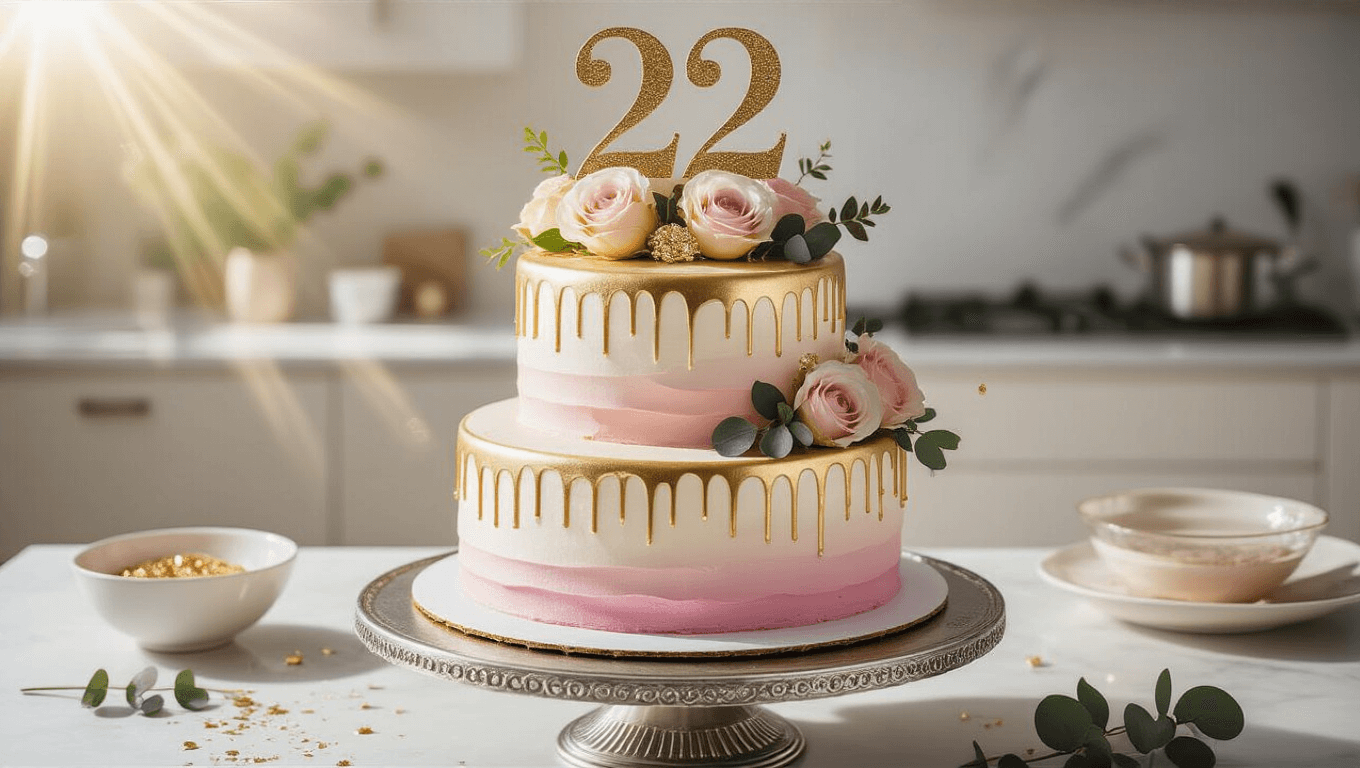 A luxurious two-tiered birthday cake with pastel pink and white ombre frosting, golden drips, and a metallic "22" topper, elegantly displayed on a silver stand in a sunlit modern kitchen, surrounded by fresh flowers and baking tools.