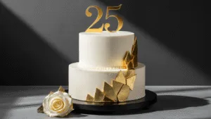 25th Birthday Cake: The Ultimate Showstopper Celebration Dessert A luxurious three-tiered 25th birthday cake with white buttercream frosting, gold leaf accents, and a gold "25" topper, displayed on a matte black cake stand, captured in dramatic lighting against a deep charcoal gradient background.