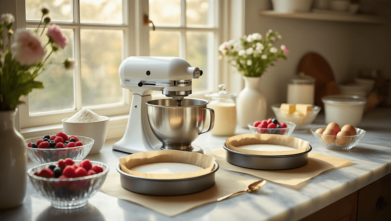 Photorealistic image of a professional baking workspace featuring marble countertops with cake pans, high-end mixer, organized ingredients, fresh berries and edible flowers in crystal bowls, gold leaf accents, and vintage measuring tools, all bathed in warm, diffused morning light.