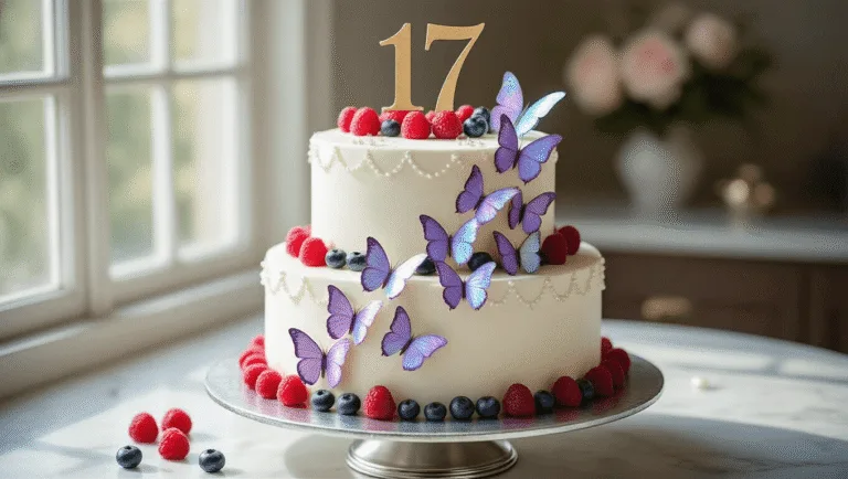 17th Birthday Cake: A Spectacular Celebration Centerpiece A photorealistic two-tiered birthday cake adorned with pastel iridescent butterflies, metallic gold "17" topper, and fresh berries, elegantly displayed on a silver pedestal against a soft bokeh background.