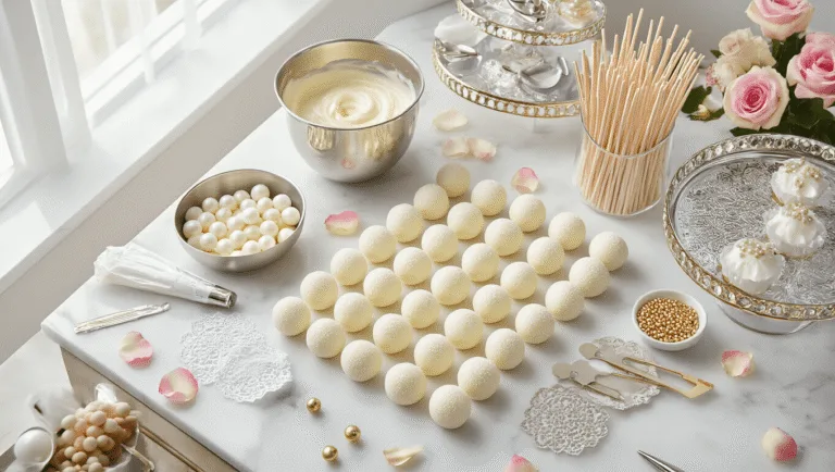 WEDDING CAKE POPS: ELEGANT BITE-SIZED WEDDING DESSERT MAGIC Cinematic overhead shot of an elegant wedding cake pop preparation station featuring white cake balls, pearl-white melted chocolate, gold-handled lollipop sticks, scattered edible pearls, and rose petals on a marble countertop, with professional baking tools and a mirrored display stand, captured in ultra-detailed 8K resolution.