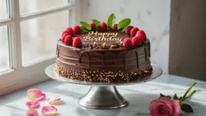 The Ultimate Boyfriend Birthday Cake: A Sweet Celebration of Love Elegant chocolate layer cake on a silver pedestal, adorned with fresh raspberries, chocolate shavings, and gold edible pearls, with a "Happy Birthday" message in gold calligraphy, set against a marble countertop with rose petals and chocolate curls, softly illuminated by natural light.