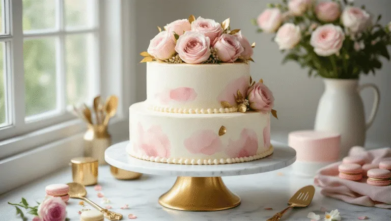 The Ultimate Aesthetic Birthday Cake: A Stunning Centerpiece for Celebration A three-tiered elegant birthday cake with white buttercream frosting and blush pink watercolor effects, adorned with fresh garden roses, gold leaf, and macarons, displayed on a gold rotating cake stand against a white marble backdrop, with soft natural lighting and artistic bakery props.
