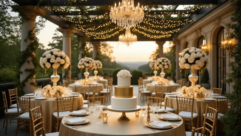 Anniversary Wishes: Heartfelt Messages to Celebrate Love A luxurious garden terrace celebration at golden hour, featuring elegant tables with champagne silk linens, towering floral arrangements, gold Chiavari chairs, crystal chandeliers, a three-tier golden anniversary cake, and vintage photos, all bathed in warm sunset light and soft bokeh.