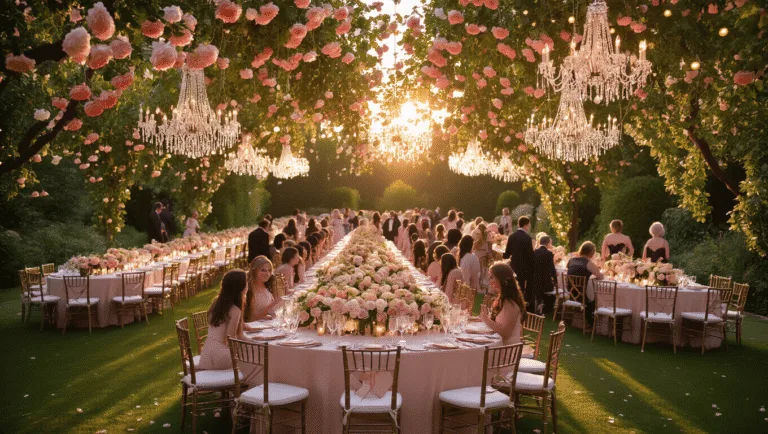 50+ Heartwarming Wedding Anniversary Wishes: Celebrate Love in Every Word Cinematic overhead view of an elegant garden anniversary celebration at golden hour, featuring blush pink and cream banquet tables, crystal chandeliers, lush floral centerpieces, vintage champagne glasses, and guests mingling beneath a canopy of string lights.