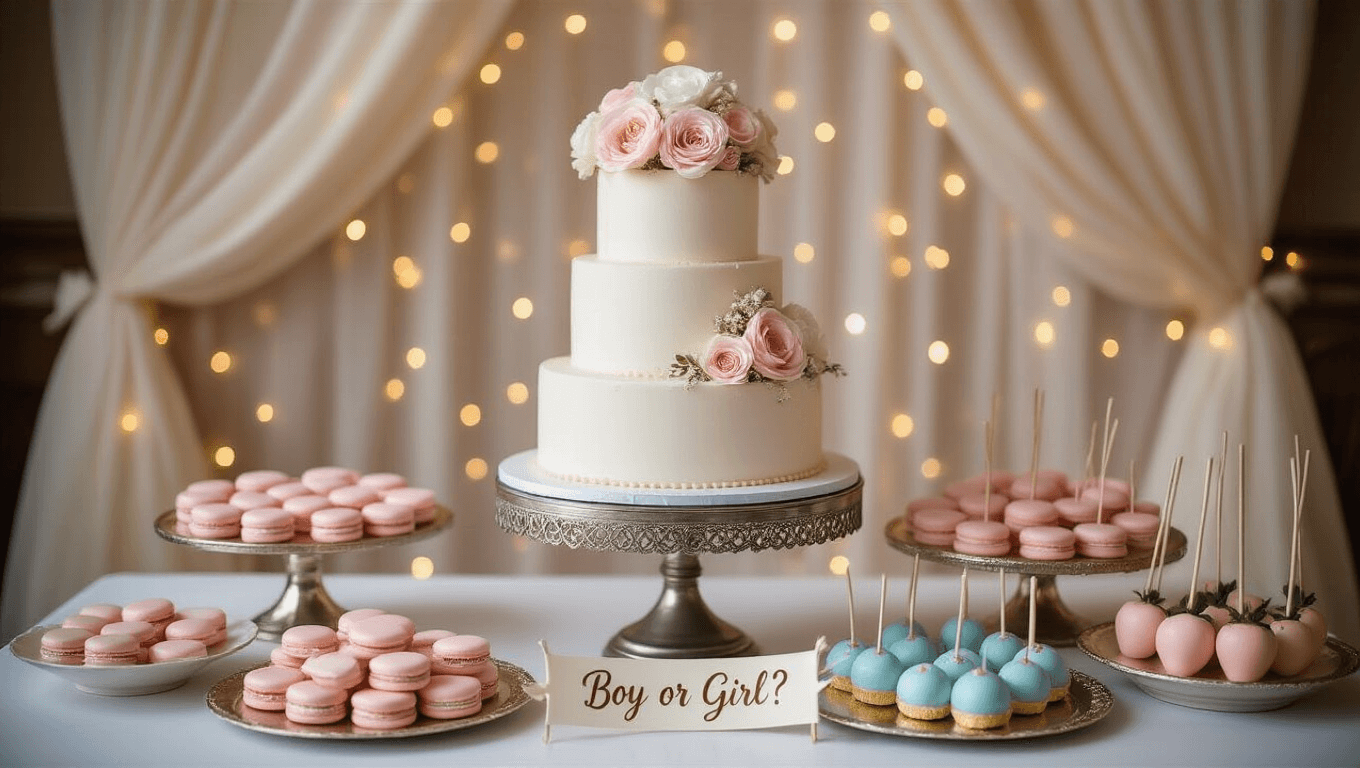Elegant gender reveal dessert table featuring a three-tiered white cake on a silver stand, surrounded by pink macarons, blue cake pops, and gold-dusted strawberries, with warm fairy lights in the background and a 'Boy or Girl?' banner above, shot in soft natural lighting.