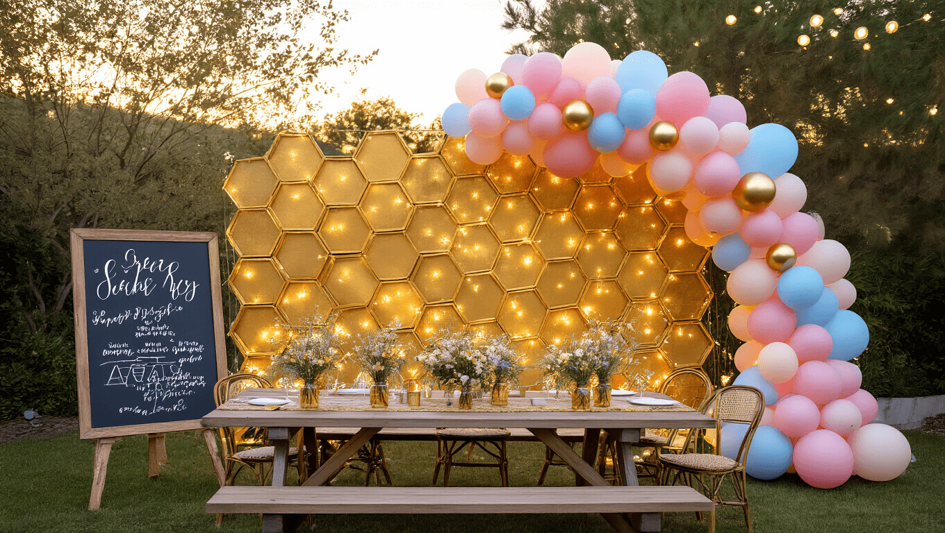 A cinematic wide shot of an elegant gender reveal party in a whimsical backyard, featuring a honeycomb backdrop, rustic picnic tables with wildflower centerpieces, a balloon arch in pink and blue, and a beehive-themed cake, all bathed in warm golden hour lighting.
