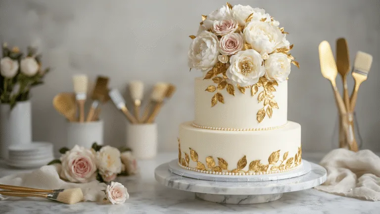 The Ultimate White and Gold Wedding Cake: A Luxurious Culinary Masterpiece Luxurious three-tiered wedding cake with gold leaf decoration and sugar flowers on a marble stand, captured with dramatic lighting and selective focus.
