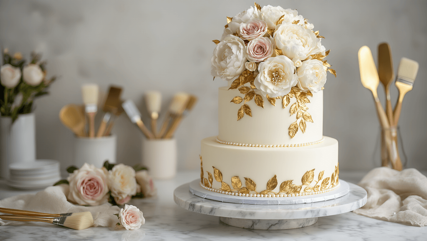 Luxurious three-tiered wedding cake with gold leaf decoration and sugar flowers on a marble stand, captured with dramatic lighting and selective focus.