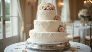 HEART WEDDING CAKE: THE ULTIMATE ROMANTIC DESSERT CENTERPIECE Photorealistic three-tiered heart-shaped wedding cake on a silver stand, adorned with white buttercream, intricate lace piping, blush pink and pearl white sugar flowers, and edible gold leaf accents. Captured in soft natural light with a blurred luxury venue background and subtle shadows, emphasizing cake details and texture.