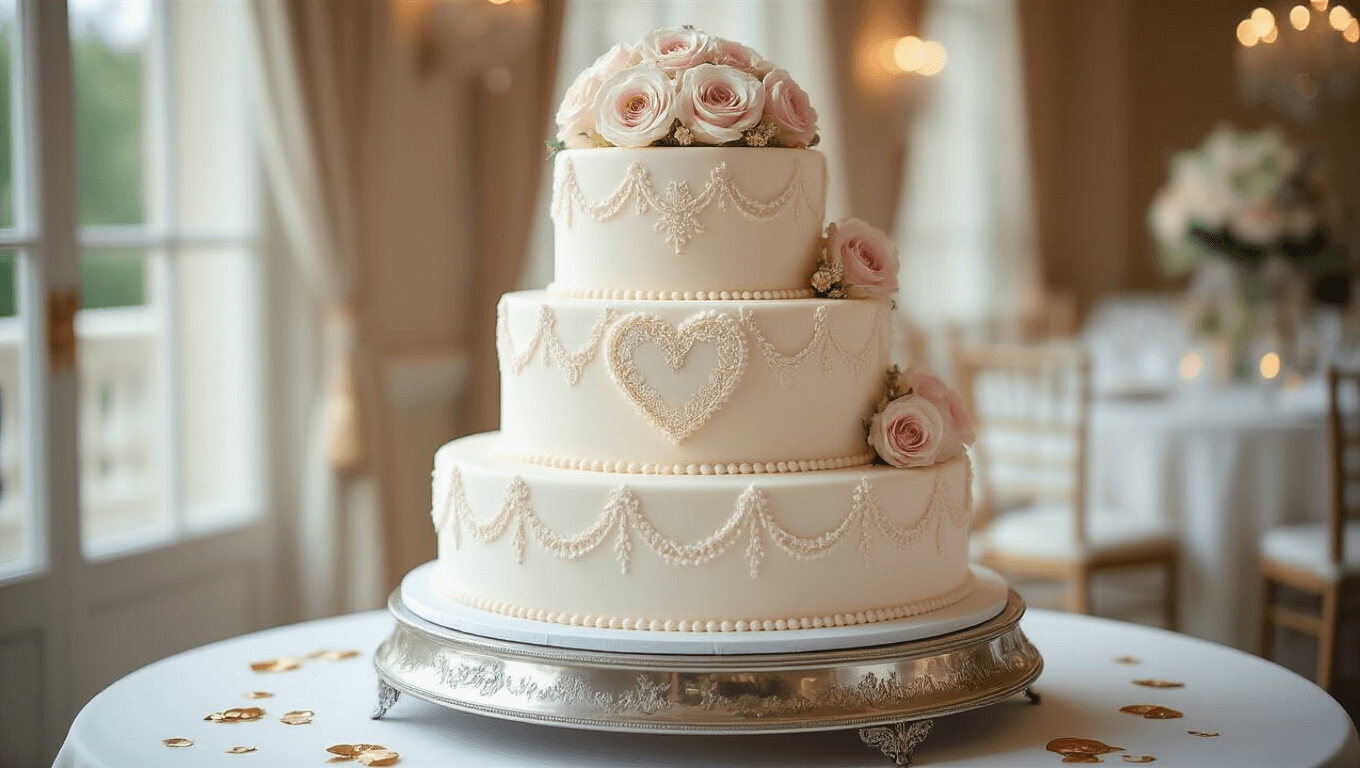 Photorealistic three-tiered heart-shaped wedding cake on a silver stand, adorned with white buttercream, intricate lace piping, blush pink and pearl white sugar flowers, and edible gold leaf accents. Captured in soft natural light with a blurred luxury venue background and subtle shadows, emphasizing cake details and texture.
