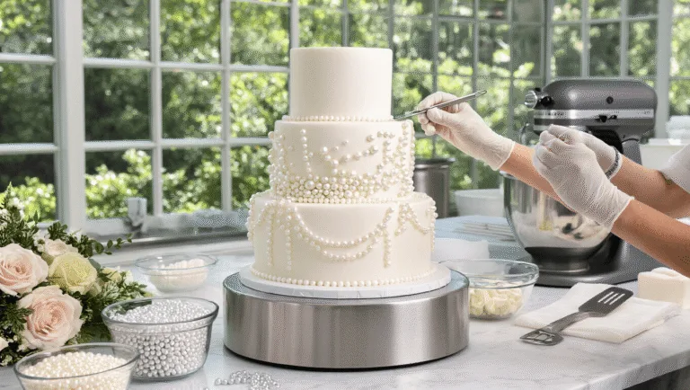 Pearl Wedding Cake: The Ultimate Elegant Celebration Centerpiece A professional bakery workspace with a three-tiered white wedding cake adorned with cascading edible pearls, a pastry chef's gloved hands placing pearls using silver tweezers, and organized baking tools on a marble countertop, all bathed in soft natural light.