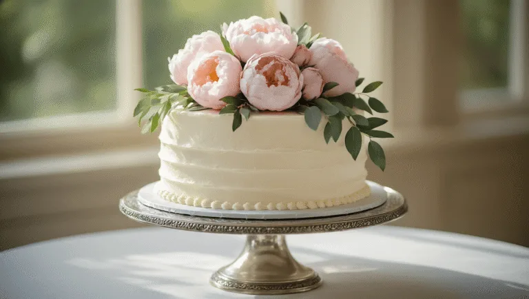 SINGLE TIER WEDDING CAKE: THE ULTIMATE GUIDE An elegant single-tier wedding cake on an antique silver stand, adorned with white buttercream frosting, pale pink peonies, and silvery eucalyptus, captured in soft golden afternoon light with intricate details and edible pearl accents.