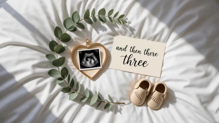 Classy Pregnancy Announcement: Crafting a Timeless Reveal A minimalist pregnancy announcement flatlay featuring a black and white ultrasound in a gold heart frame, cream leather baby moccasins, a sprig of eucalyptus, and a hand-lettered card reading "And then there were three," all on a white duvet with soft morning light.